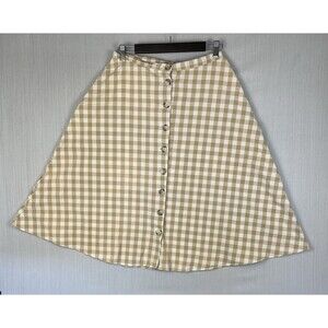 Cottagecore Gingham Button Front Pockets A-Line Midi Skirt Pockets Tan L Modest